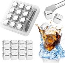 12 dalių nerūdijančio plieno ledo kubelių rinkinys, daugkartinio naudojimo metaliniai ledo kubeliai su spaustukais ir dėžute, nerūdijančio plieno ledo kubeliai vynui, degtinei, kokteiliams, gėrimų sultims ar limonadui