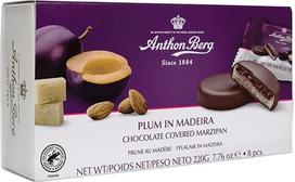 Anthon Berg Slyva Madeiroje - 220g - Marcipano patiekalas su vaisiais ir alkoholiu - 8 tamsaus šokolado taleriai su slyvų želė ir Madeiros vynu - dovanų idėja