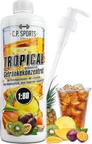 C.P. Sportinių gėrimų sirupas mineraliniams gėrimams | Sirupas be cukraus gyvybingam gėrimui "Tropical" su vitaminais I Gėrimo koncentratas, skirtas maišyti su vandeniu sportiniam gėrimui I 1 litras + siurblio dozatorius