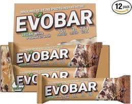 EVO SPORTS FUEL Vegan EVOBAR White Peanut Crunch Protein Bar, 12 x 60 g, baltyminis batonėlis be palmių aliejaus, 15 g baltymų viename batonėlyje, patikrinta kokybė, pagamintas Vokietijoje (pakuotė po 1 vnt.)