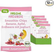 FRECHE FREUNDE Ekologiški vaisių traškučiai - bananai, obuoliai, braškės su jogurtu, liofilizuoti vaisių traškučiai, džiovinti vaisiai be pridėtinio cukraus, be laktozės, be glitimo, 12 vnt. (12 x 16 g)