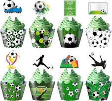 Futbolo sporto laukas Cupcake Toppers ir Wrappers, 48 vienetų futbolo dekoracijos gimtadienio vakarėliui