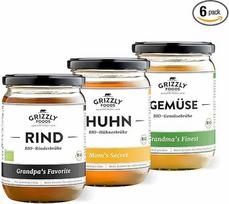 Grizzly Foods - Ekologiškas sultinys jautiena + vištiena + daržovės (6 x 500 ml) - 100 % natūralus - Be cukraus ir skonio stipriklių - Ilgai verdamas - Vertingos maistinės vertės - Mėsos sultinys, rasta,