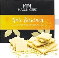 Hallingers Genuss Manufaktur šokolado dovana - baltoji kilni kakava su pasiflorų vaisiais - rankų darbo be alkoholio, elegantiška dovanų pakuotė "Get Soon", maloni dovanų idėja