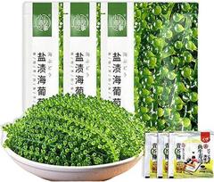 Jūros vynuogės Sūdytos jūros vynuogės 100 g x 3 vnt. - Greitai paruošiami daržovių agurkai - veganiškas suši ingredientas Traškūs dumblių užkandžiai salotoms ir karštiems patiekalams - su mirkymo padažu