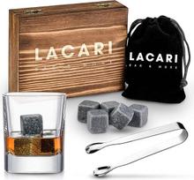 Lacari® 9 x viskio akmenys - daugkartinio naudojimo muilo akmens ledo kubeliai su medine dėžute, nerūdijančio plieno žnyplėmis ir elektronine knyga, puikus dovanų rinkinys