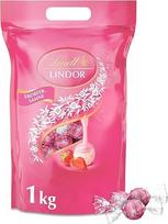 Lindt LINDOR šokoladas, 1 kg maišelis, sandarus, apie 80 baltojo šokolado kamuoliukų su braškių kremu, didmeninė pakuotė, šokoladinė dovana