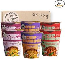 Miss Mineva's Cup Wonder Mix - raudonieji lęšiai Dal, mangų karis su ryžiais, makaronai su pomidorais ir grybais | 100% natūralus, fermentuotas, daug baltymų ir veganiškas | Be pramoninio cukraus | 6 × 65 g