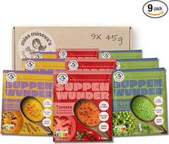 Miss Mineva's Soup Miracle Mix - pomidorų, žirnių, moliūgų | 100 % natūrali, fermentuota, daug baltymų ir veganiška | Be pramoninio cukraus | Be dirbtinių priedų | Greitai paruošiama sriuba maišeliuose | 9 × 45 g