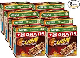 NESTLÉ Lion pusryčių batonėlis, traškus pusryčių batonėlis su karamele ir pienišku šokoladu, 32 % pilno grūdo, skanus užkandis, 8 vnt. (6 x 25 g)