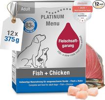 PLATINUM - Meniu suaugusiems šunims skirtas maistas su žuvimi ir vištiena, pagamintas iš mėsos sulčių - 12 x 375 g maistinių medžiagų turtingas kaip barščiai - ypač sultingas mažiems ir dideliems šunims - be BPA, išbandytas Vokietijoje
