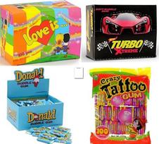 Retro Mega Box 100 x Turbo kramtomoji guma, 100 x Donald kramtomoji guma, 100 x Love is kramtomoji guma, 100 x Crazy Tattoo vandens tatuiruotė, iš viso 400 vienetų + Shipsy Block