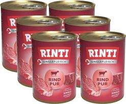 RINTI paketas "Single Meat Beef" 6 x 400 g | Monoproteinų drėgnas maistas | Be grūdų, su daug baltymų ir be priedų | Su užkandžiu "Dokas Chicken Roll