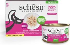 Schesir, Vištienos filė su kumpiu drebučiuose, papildomas drėgnas ėdalas katėms, originalios receptūros, 100% natūralus, 6 skardinės po 70g