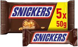 Šokoladiniai batonėliai "Snickers", žemės riešutai, karamelė, 5 batonėlių pakuotė, futbolo užkandis, (1 x 5 x 50 g)
