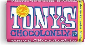 TONY'S CHOCOLONELY - baltasis šokoladas su aviečių cukrumi 180 g - sąžiningai parduodamas šokoladas. Be palmių aliejaus, pagamintas Belgijoje.