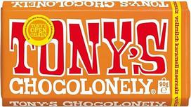 TONY'S CHOCOLONELY - Pieniškas šokoladas su karamele ir jūros druska 90 g. Sąžiningai parduodamas šokoladas. Be palmių aliejaus, pagamintas Belgijoje.