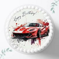 Tortas Topper lenktyninis automobilis gimtadienio proga, lenktyninis automobilis, sportinis automobilis, raudonas, skersmuo 20 cm Cukrinis paveikslėlis, nuotrauka "Ferrari" tortams, fondantas vaikams 3024GU