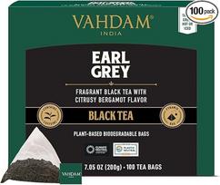 VAHDAM Earl Grey juodoji arbata (100 arbatos maišelių), citrusinė, skani ir aromatinga, juodoji arbata, sumaišyta su 100% natūraliu bergamočių aliejumi, ledinė/karšta arbata