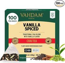 VAHDAM Vanilla Spice Chai arbatos maišeliai | 100 piramidinių arbatos maišelių | Juodosios arbatos mišinys su vanile, cinamonu, kardamonu, gvazdikėliais ir imbieru | Stiprus Masala Chai skonis | Vakuuminis sandarinimas