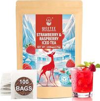 WEETEE ledinė arbata "Strawberry & Raspberry", 100 vnt. šalto virimo arbatos maišelių, sodraus rūgštingumo ir saldumo, be kofeino, be dirbtinių saldiklių