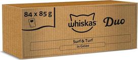 Whiskas 1+ Katzenfutter Tasty Duo Surf & Turf in Gelee, 84x85g (1 pakuotė) - Hochwertiges Nassfutter für ausgewachsene Katzen in 84 Portionsbeuteln