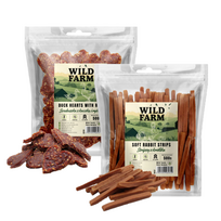 WILD FARM triušienos juostelės 500g + Širdelės su antiena ir ryžiais 500g skanėstai šunims