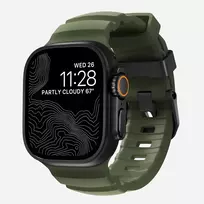 NOMAD Rocky Point Band – „Apple Watch“ 46 mm / 49 mm dirželis iš FKM ir titano (miško spalvos, juodos metalinės detalės)