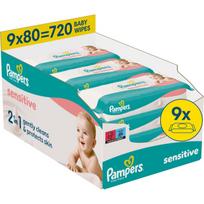Pampers Sensitive Baby Wipes drėgnosios valomosios servetėlės vaikams 9x80 vnt.