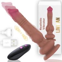 2in1 realistiško varpos dizaino vibratorius LIVMAN USK-D04-R su 9 vibracijos režimais, 9 teleskopiniais režimais, siurbimo pagrindu ir nuotolinio valdymo pultu