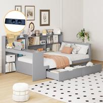 Sulankstoma sofa 90x200 cm, stalas, lentynos, USB, 2 stalčiai, pilka