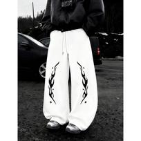 Black Baggy Sweatpants for Men, Wide Leg Design with White REVOLUTION Text Flame Embroidery, Drawstring Closure, Street Style S