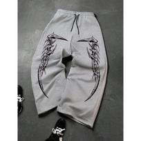 Black Wide Leg Men's Sports Pants, White Flame and Tribal Abstract Print Drawstring Loose, Urban Street Style S