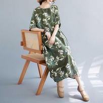 Round Neck Short Sleeve Knee Length Concealed Dress One Size žalia