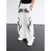 Black Loose Wide Leg Men's Sports Pants, Street Style Cool Flame Pattern, Drawstring Closure Street Style S