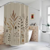 Natūrali minimalistinė boho dušo užuolaida – žemiškos žolės ir laukinės gėlės ant smėlio spalvos, švarios linijos, erdvi kompozicija W60H190(CM)-1 Pcs