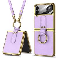 Su dirželiu Samsung Galaxy Z Flip 4 5g Flip4 dėklui Piršto žiedas Padengtas galinis dangtelis Plastikinis Galinės kameros objektyvas Grūdintas stiklas For Galaxy Z Flip 4 violetinė