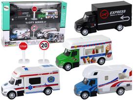Kemperis, sunkvežimis, greitoji pagalba ir ledainė – 4 automobilių rinkinys su trinties pavara 1:87 A