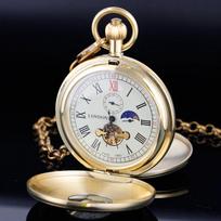 Antique Mechanical Pocket Watch Luxury Made Moon phase(12/24 Hours) Tourbillion Pure Copper Hand winding Watches For Men Women ruda