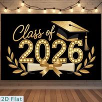 2D Class of 2026 Graduation Photography Backdrop Black Gold Cap, Diploma and Laurel Party Background 47.2x31.5inch/120*80cm