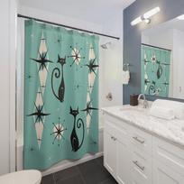 Atomic Cat Mid-Century Modern Shower Curtain – Retro Aesthetic Bathroom Decor, Mcm Cat Lover Gift W60H190(CM)-1 Pcs