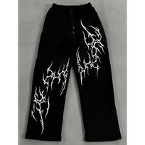 Men's Casual Black Sweatpants Wide Leg Design with White Tribal Flame Patterns, Drawstring Waist Baggy Fit Streetwear Fashion S