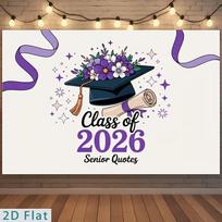 2D Graduation Photography Backdrop Class of 2026 with Purple Floral Cap Background 47.2x31.5inch/120*80cm
