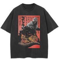 Streetwear japoniškas Godzilla grafinis marškinėlis medvilninis plautas juodas marškinėlis unisex viršūnės marškinėliai vasariniai trumpomis rankovėmis marškinėliai S juoda