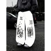 Black Wide Leg Pants with Stunning White Flame Pattern Loose Fit for Maximum Comfort, Suitable for Fashion Rebels S