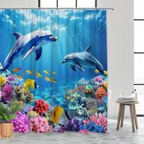 Dolphins Coral Reef Shower Curtain Gray Dolphins Colorful Fish Sunny Ocean Polyester Washable With 12 Hooks For Bathroom Decor W60H190(CM)-1 Pcs