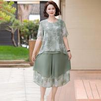 Women's Summer Short-Sleeve Wide-Leg Pants Two-Piece Set - Stylish Top and Pants for Middle-Aged & Elderly Moms 5XL (suggested weight 150-160 jin) žalia