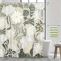 Boho Floral Botanical Shower Curtain - Mid Century Green Flowers & Leaves, Spring Summer Retro Aesthetic, All-Season Bath Decor W60H190(CM)-1 Pcs