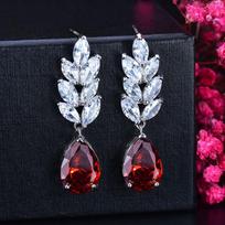 CMM Exquisite Red Waterdrop Zirconia Leaf Shape Drop Earrings rubinas