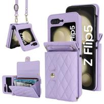 Piniginės dirželio odinis dėklas, skirtas Samsung Galaxy Z Flip5 4 3 Huawei P50 Pocket OPPO Suraskite N2 N3Flip Moto Razr 40 40 Ultra Vivo X Flip Galaxy Z Flip5 violetinė
